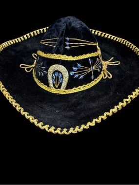 Vintage Calidad Embroidered Blue Velvet Sombrero with Gold Trim